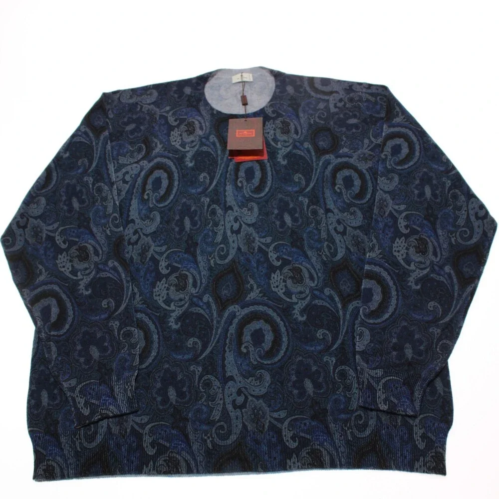 Etro NWT Pullover Crew Neck Sweater Size XXL in Blue Paisley 100% Wool
